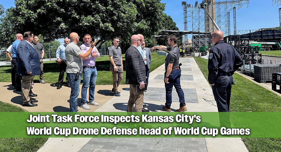 Army Brig. Gen. Matt Ross, center, director of Joint Interagency Task Force 401, center, visits the 2026 FIFA World Cup stadium in Kansas City, Mo., May 20, 2026. JIATF 401 committed more than $100 million to enhance counter-unmanned aerial systems capability for the event, focusing on mobile counter-drone technologies to protect stadiums and fan zones in 11 cities across nine states. Photo Credit: Army Lt. Col. Adam Scher Via US DOW