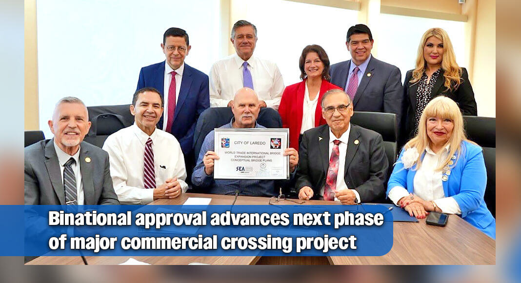U.S. Commissioner Chad McIntosh of the U.S. International Boundary and Water Commission joined U.S. Rep. Henry Cuellar and Laredo Mayor Dr. Victor D. Treviño to sign conceptual designs for the expansion of the World Trade Bridge in Laredo. Courtesy image