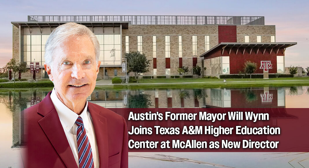 The Texas A&M University Higher Education Center at McAllen (HECM) has selected Will Wynn ’84 as executive director, effective Monday, July 13, 2026. He succeeds longtime Executive Director Rick Margo, who has transitioned to Texas A&M Health’s Rio Grande Valley Health Education and Outreach as director. Courtesy image. Bgd image: @tamumcallen via Facebook