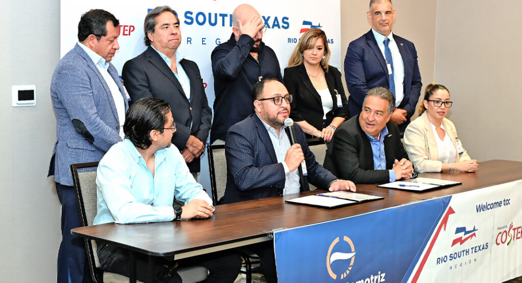 Representatives of the San Luis Potosí Automotive Cluster gather with Adam Gonzalez, chief executive officer of the Council for South Texas Economic Progress (COSTEP), moments before signing a Memorandum of Understanding (MOU) to strengthen cross-border collaboration between the cluster and the Rio South Texas region. Seated with Gonzalez are Luis Alberto González Olvera, director general of the San Luis Potosí Automotive Cluster, and Ricardo Pérez Castillo of Indutérmica, along with other members of the delegation. Photo by  Roberto Hugo Gonzalez / Texas Border Business.