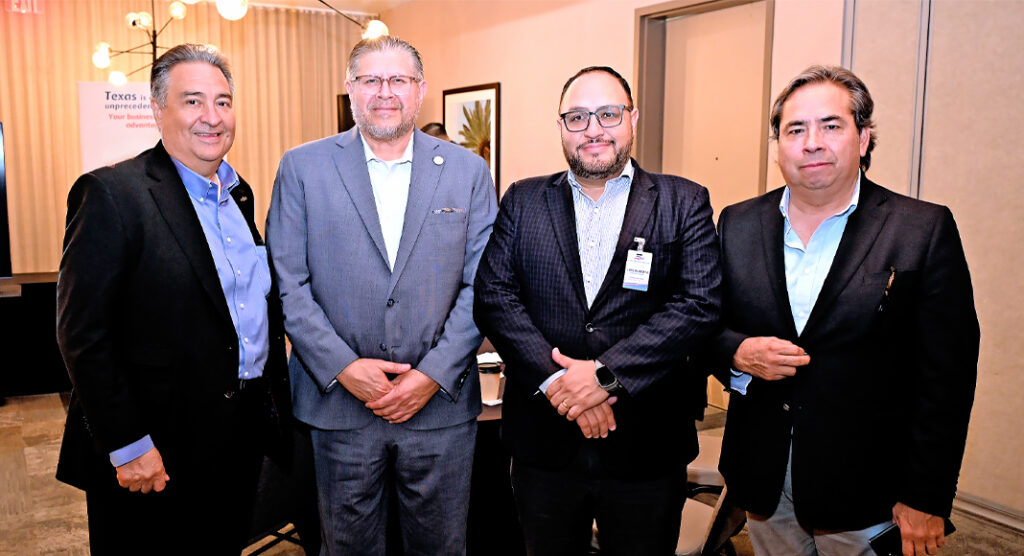 From left: Adam Gonzalez, chief executive officer of the Council for South Texas Economic Progress (COSTEP); Teclo Garcia, chief executive officer of the Mission Economic Development Corporation; Luis Alberto González Olvera, representative of the San Luis Potosí Automotive Cluster; and Ricardo Pérez Castillo of Indutérmica gather during the Rio South Texas–San Luis Potosí business meeting in McAllen. Photo by Roberto Hugo González / Texas Border Business.