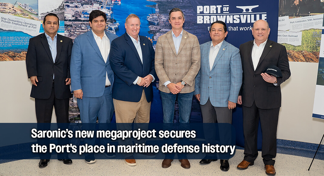From left: BND Commissioner David A. Garcia, BND Commissioner Luis H. Villarreal Jr., BND Secretary John Reed, BND Vice Chairman Ernesto Gutierrez, BND Chairman Sergio Tito Lopez, and Port Director and CEO William Dietrich gather to celebrate Saronic Technologies' selection of the Port of Brownsville as the site for its Project Alpha shipyard, announced Thursday, July 16, 2026, at the Brownsville Administration Office. Image courtesy of The Port of Brownsville