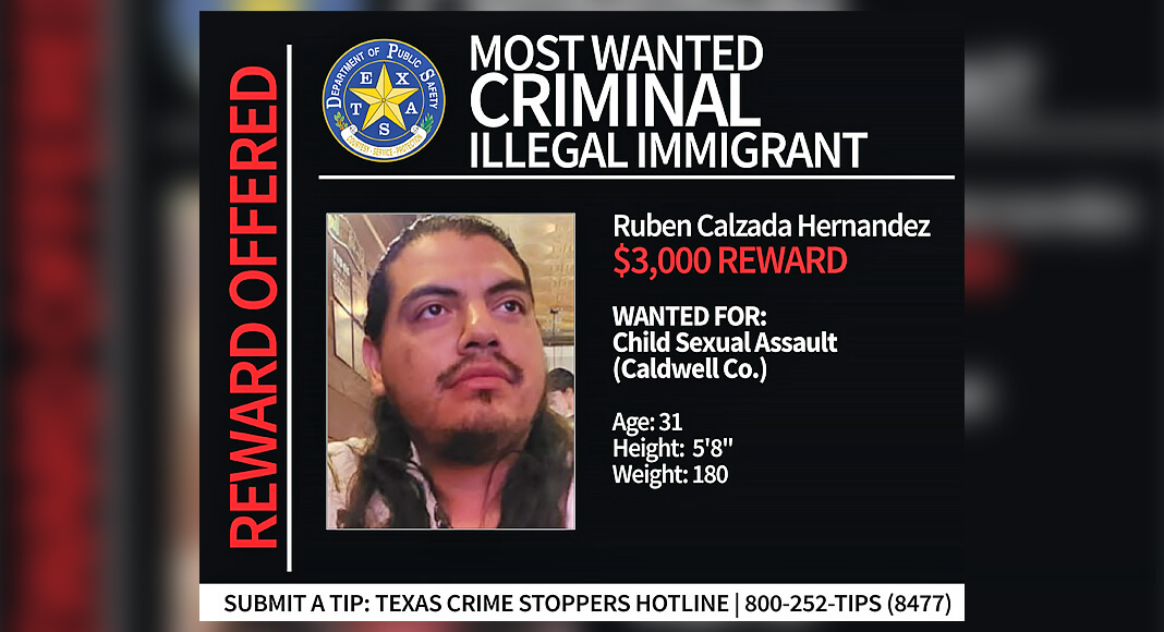 The Texas Department of Public Safety (DPS) has added Ruben Calzada Hernandez, a Mexican national accused of sexually assaulting a child, to the Texas 10 Most Wanted Criminal Illegal Immigrants List. Texas Crime Stoppers is now offering a cash reward of up to $3,000 for information leading to his arrest. All tips are guaranteed to be anonymous. Photo: Texas DPS
