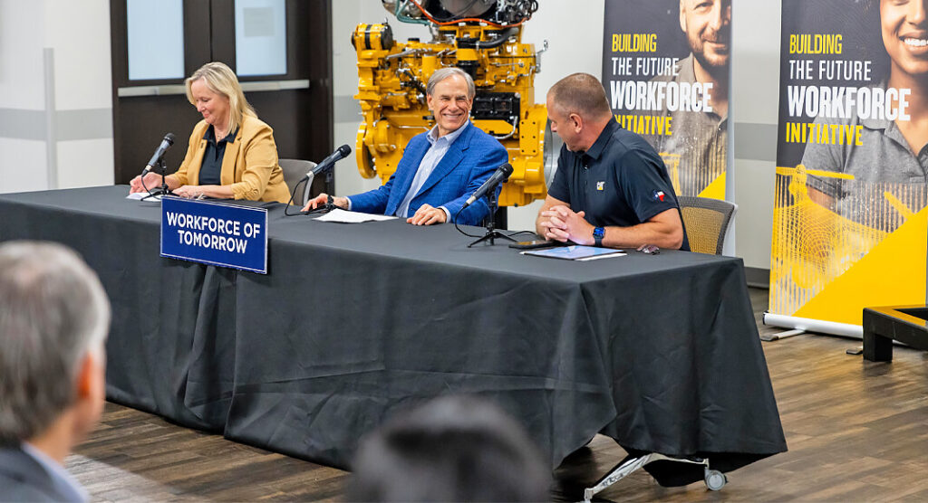 The Governor was joined by State Representative Alan Schoolcraft, Seguin Mayor Donna Dodgen, Caterpillar Chief Human Resources Officer Christy Pambianchi, Caterpillar Senior Vice President Steve Ferguson of the Industrial Power Systems Division, Texas State Technical College Chancellor Mike Reeser, and other workforce development leaders. Photo: Office of The Governonr