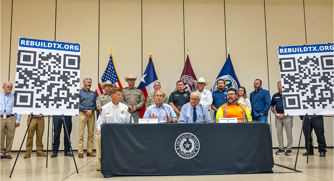 The Governor was joined at the press conference by TDEM Chief Kidd, General Suelzer, Kerr County Judge Rob Kelly, local emergency management officials, and other state, and local leaders supporting response and recovery efforts. Photo: Office of The Governor