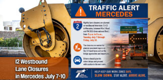 Nighttime Westbound I-2 lane closures in Mercedes, July 7-10