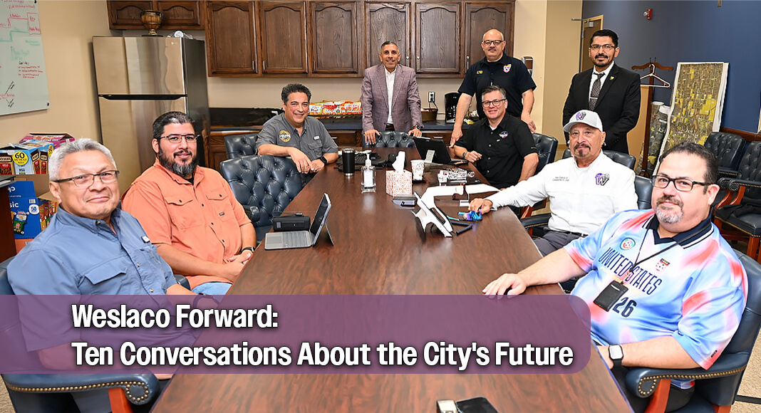 From left: Jalomo, Southwood Heights resident; Randy Moses, Southwood Heights resident; Omar Rodriguez, Assistant City Manager; Weslaco Mayor Adrian Gonzalez; Antonio Lopez, Assistant City Manager and Fire Chief; Commissioner Jose “JP” Rodriguez; Peter Hermida, P.E., City Engineer for the City of Weslaco; Mayor Pro Tem Pete Garcia Jr.; and Raul Cantu, Southwood Heights resident. Residents met with Weslaco city officials to discuss concerns about flooding in several areas of the city. Photo by Texas Border Business