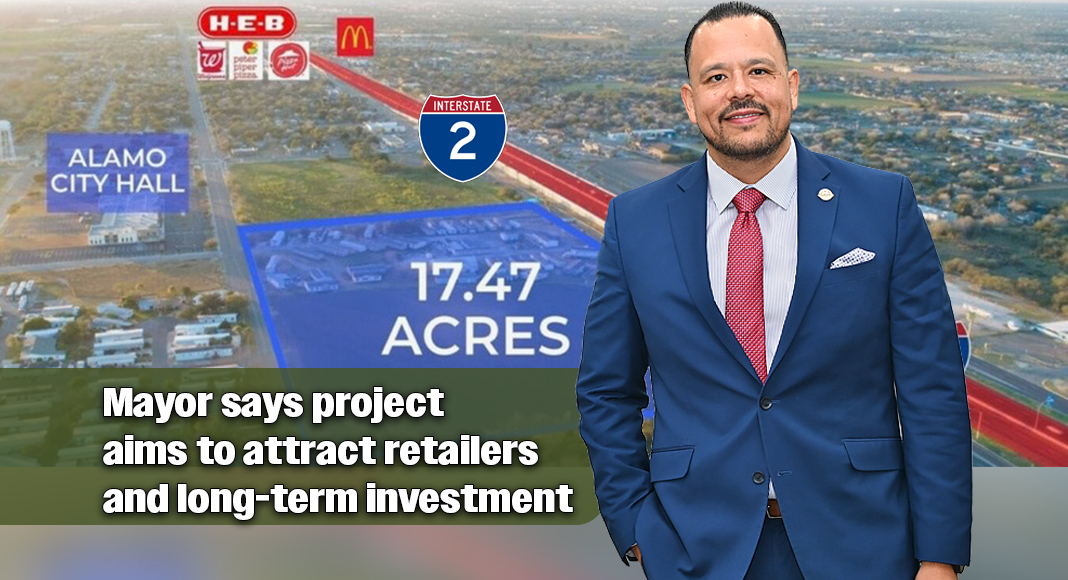 Mayor J.R. Garza Photo by Roberto Hugo González / Texas Border Business. Bgd image: An aerial view shows the approximately 17-acre tract owned by the Alamo Economic Development Corporation along the south frontage road of Interstate 2 (Expressway 83), just east of Tower Road in Alamo. City officials say the property is planned for future commercial development intended to expand the tax base, attract new businesses and create jobs. Image: Google Earth.