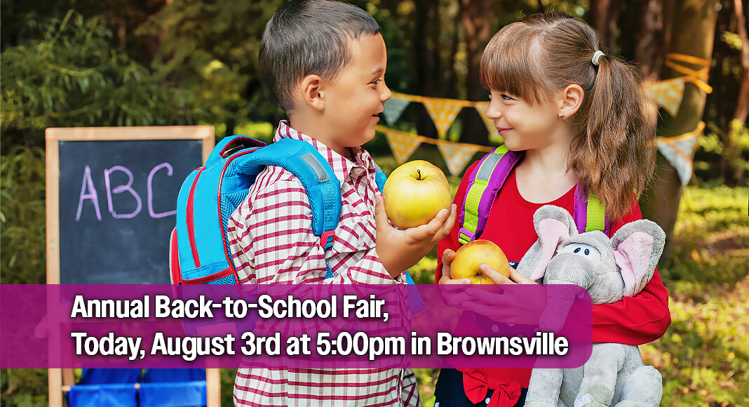 The City of Brownsville and the Brownsville Public Library System will host the annual Back-to-School Fair on Monday, August 3, 2026, from 5:00 p.m. to 7:00 p.m. at the Brownsville Public Library – Main Branch, located at 2600 Central Blvd., Brownsville, Texas 78520. Image for illustration purposes