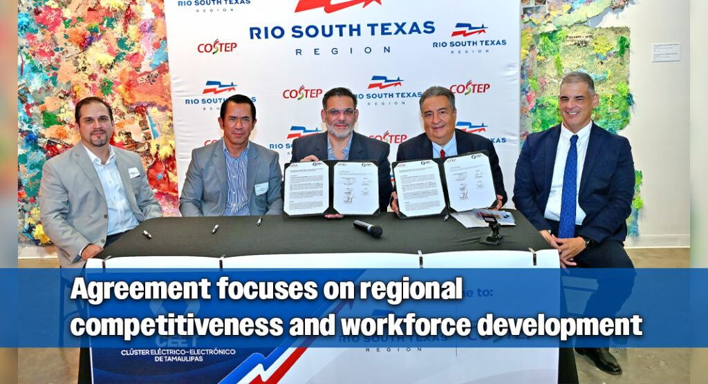 Sergio Arturo Treviño Ayala, center left, president of the Clúster Eléctrico-Electrónico de Tamaulipas, and Adam Gonzalez, center right, chief executive officer of COSTEP, the Council for South Texas Economic Progress, display the signed memorandum of understanding following the partnership ceremony at the International Museum of Art & Science in McAllen. Joining them are Walter Rico Murta, left, secretary of the Clúster Eléctrico-Electrónico de Tamaulipas; Sergio Antonio Ruiz Leal, treasurer of the cluster; and Rick Carrera, far right, COSTEP's director of economic development. The agreement formalizes collaboration to strengthen manufacturing, workforce development and economic growth across Rio South Texas and northern Tamaulipas. Photo by Roberto Hugo González / Texas Border Business.