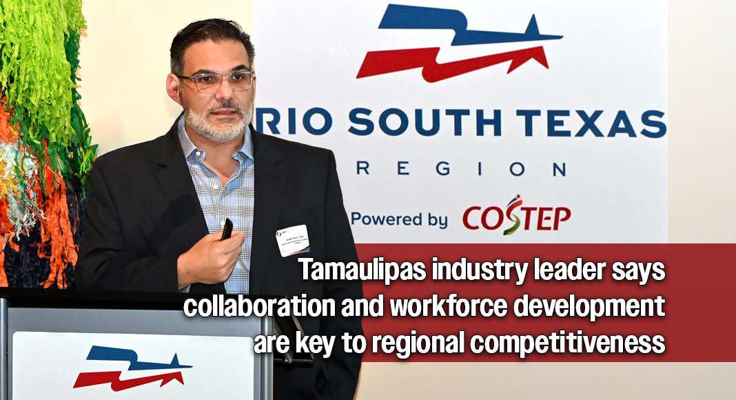 Sergio Arturo Treviño Ayala, president of the Clúster Eléctrico-Electrónico de Tamaulipas, addresses business leaders, economic development officials and academic representatives during a meeting at the International Museum of Art & Science in McAllen. Treviño outlined the cluster's mission to strengthen collaboration, workforce development, innovation and supply chain integration while expanding partnerships between northern Tamaulipas and Rio South Texas. Photo by Roberto Hugo González / Texas Border Business.