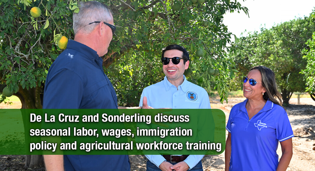A Rio Farms Inc. representative joins Acting U.S. Secretary of Labor Keith Sonderling and U.S. Rep. Monica De La Cruz during their visit to the farm in Monte Alto, Texas, on Aug. 12, 2026. Photo by Noah Mangum González / Texas Border Business