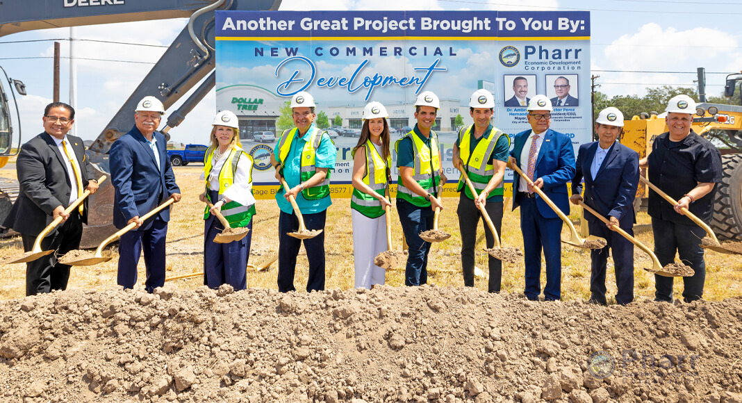 Pharr Economic Development Corporation President and CEO Victor Perez, City Commissioner Victor Medina, Pharr EDC officials, and project partners gather during the groundbreaking ceremony for the new commercial retail development at 705 W. Nolana Loop in Pharr. Courtesy photo.