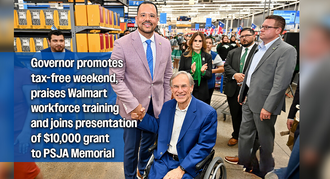 Alamo Mayor J.R. Garza shakes hands with Texas Gov. Greg Abbott during the governor’s visit to Alamo, where Abbott promoted the state’s tax-free weekend and recognized local workforce training and education efforts. Photo by Noah Mangum González / Texas Border Business