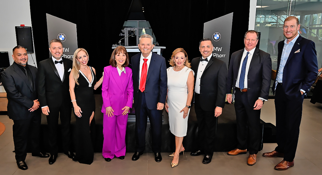 Robert “Bob” and Janet Vackar, center, are joined by Renee, BMW of Pharr General Manager Patrick Fralick, Bert Ogden Auto Group CEO Natasha del Barrio, Pharr Mayor Dr. Ambrosio Hernandez and his wife, Cristina, along with Randy Watson and John Graciel of BMW Corporate during the BMW of Pharr grand opening celebration. Photo by Noah Mangum González / Texas Border Business.