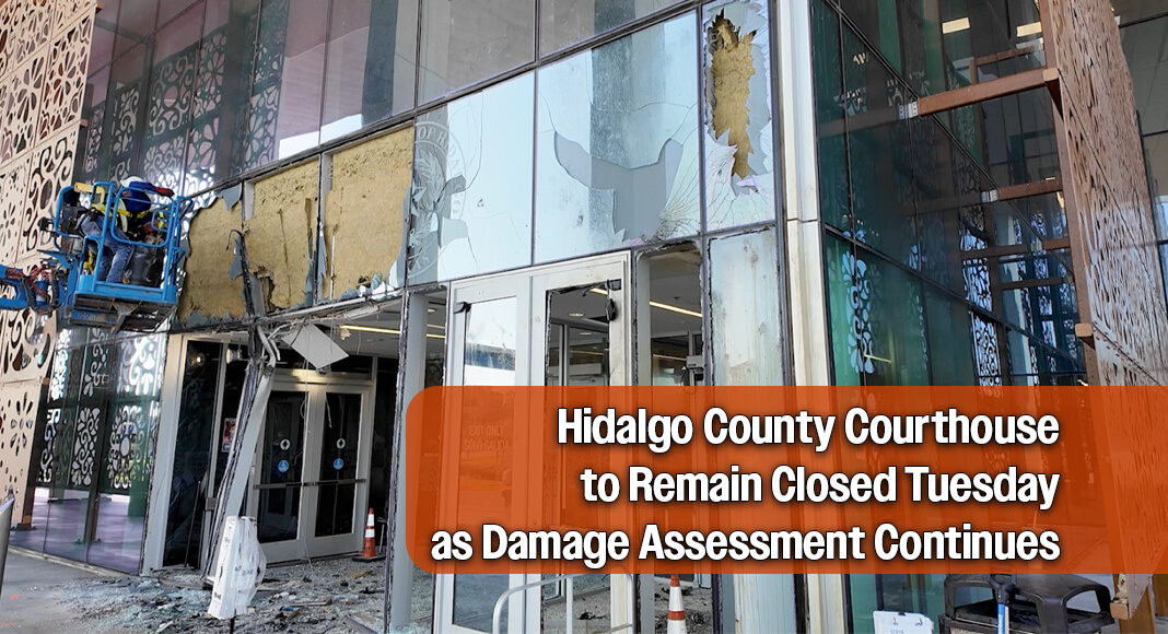 The Hidalgo County Courthouse will remain closed Tuesday, September 1, 2026, as county officials continue evaluating damage caused by a vehicle that crashed into the building’s front entrance Sunday night. Image courtesy of Hidalgo County