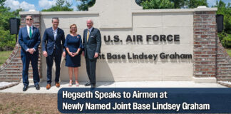 Hegseth Speaks to Airmen at Newly Named Joint Base Lindsey Graham