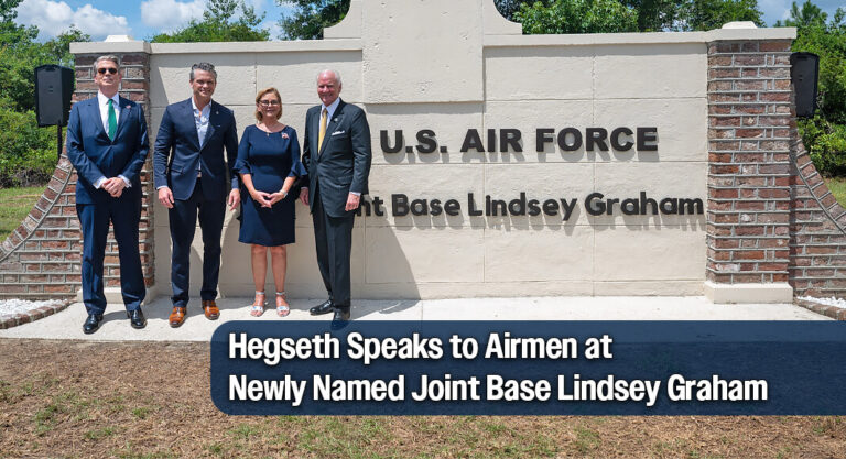 Hegseth Speaks to Airmen at Newly Named Joint Base Lindsey Graham