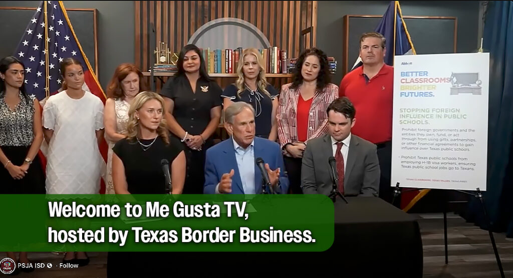 Texas Governor Greg Abbott during a press conference praising de PSJA ISD. Screenshot