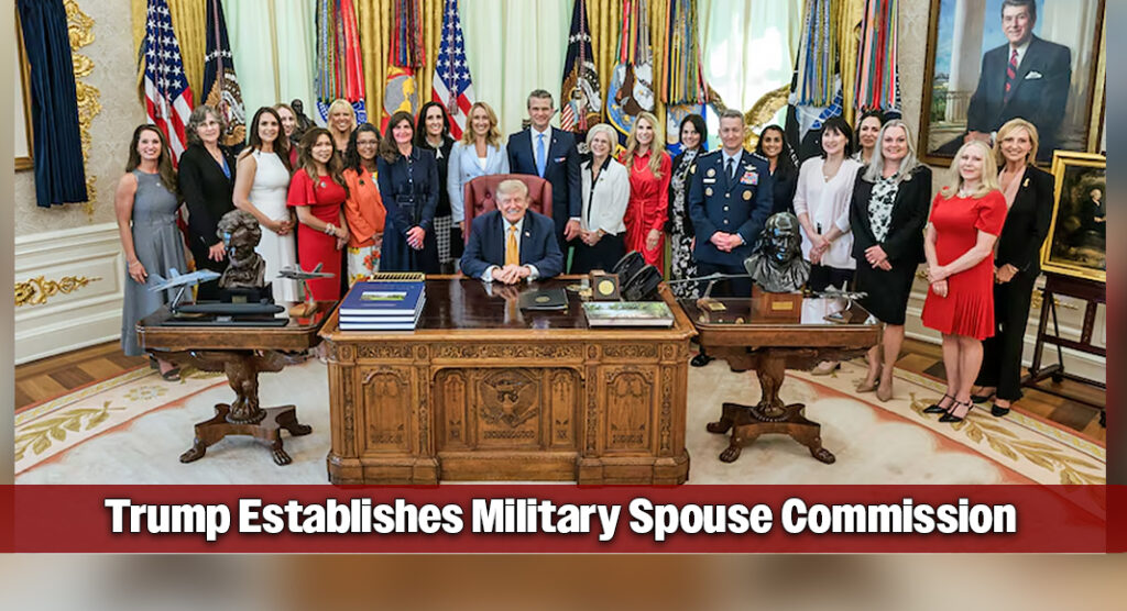 President Donald Trump signs an executive order establishing the President's Military Spouse Commission in the Oval Office while surrounded by military spouses. The commission will recommend policies to improve quality of life for military families by addressing issues including housing, employment, healthcare, childcare and education. Photo courtesy of the White House.