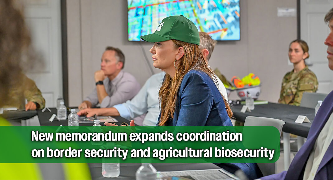 U.S. Secretary of Agriculture Brooke L. Rollins listens to a presentation during her visit to Moore Air Base in Texas, where she announced a new USDA-DHS agreement to strengthen the nation's response to New World screwworm and other agricultural threats. FB Image courtesy of USDA.