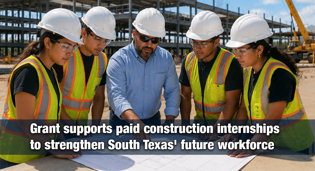 College interns and construction professionals review project plans at an active job site, representing the hands-on learning experience supported by RSTEF's partnership with Noble Charities Foundation. The $85,955 grant will expand the Noble College Summer Internship Program, providing students pursuing construction-related degrees with practical industry experience and helping strengthen South Texas' future workforce. Image for illustration purposes.