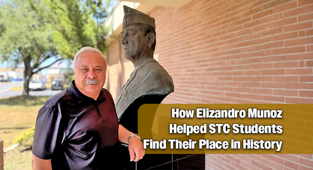 South Texas College Professor Emeritus Elizandro Munoz poses with a bronze sculpture of civil rights leader Dr. Hector P. Garcia, a work he commissioned that is now displayed at the Mercedes Public Library. In the classroom, Munoz said it was his approach to challenge students and help them understand how leaders like Garcia helped shape the nation. STC image