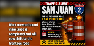Nighttime lane reductions WB I-2 frontage road in San Juan for pavement repairs, Aug 5th & 6th