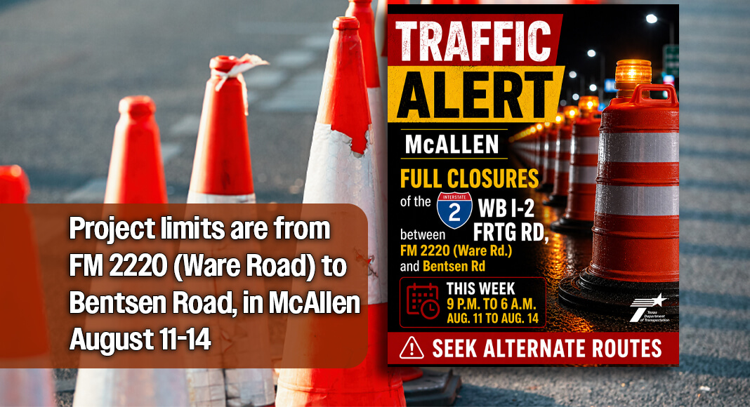 Nighttime pavement repairs and a full closure of the westbound I-2 frontage road between FM 2220 (Ware Road) and Bentsen Road in McAllen are planned this week, Aug. 11–14, from 9 p.m. to 6 a.m. Courtesy image. Bgd for illustration purposes