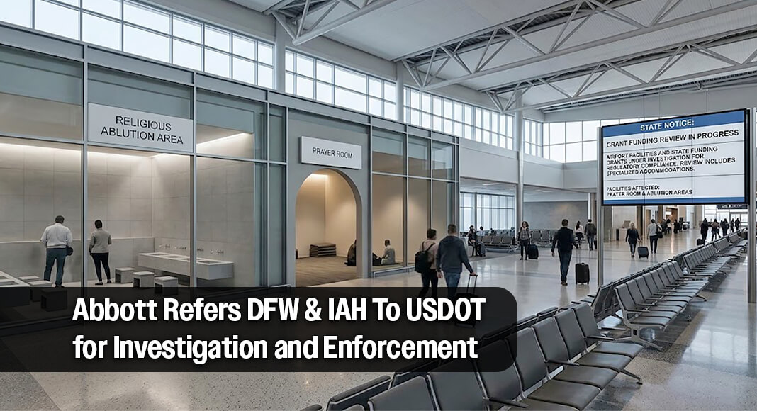 Governor Greg Abbott directed a review of all state grants to entities that operate airports in Texas, including Dallas-Fort Worth International Airport (DFW) and George Bush Intercontinental Airport (IAH), for possible revocation of active state grant funds and the denial of any future grants due to illegal religious discrimination at government-owned facilities. AI image for illustration purposes