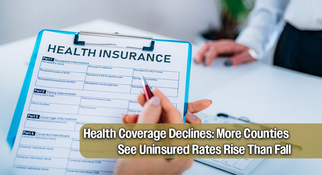 The rate of individuals under age 65 without health insurance in the United States decreased in 65 counties and increased in 427 counties between 2023 and 2024, according to the Small Area Health Insurance Estimates (SAHIE) released by the U.S. Census Bureau. Image for illustration purposes