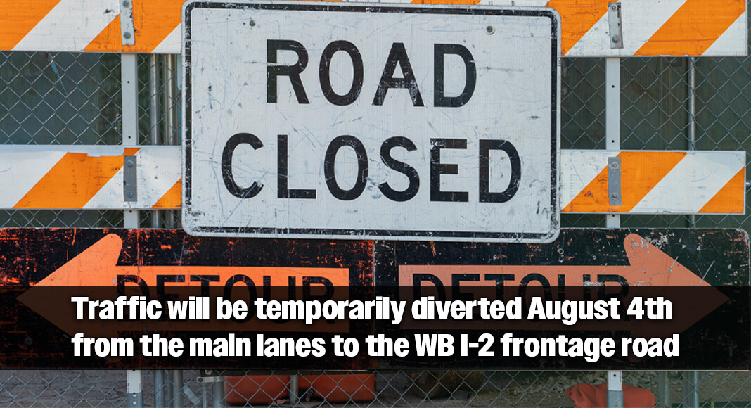 Traffic on westbound Interstate 2 (I-2) will be temporarily diverted from the main lanes to the frontage road in Alamo, Tuesday, August 4, for a crash investigation. Image for illustration purposes