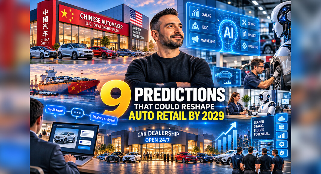 AI Illustration: An artistic interpretation of nine automotive retail predictions by Car Dealership Guy founder and CEO Yossi J. Levi depicts possible changes by 2029, including artificial intelligence, automated dealership operations, advanced service technology, agent-to-agent vehicle buying, 24-hour operations and the potential entry of Chinese automakers into U.S. retail. The image is conceptual and does not depict actual events or a specific dealership. AI-generated illustration / Texas Border Business.