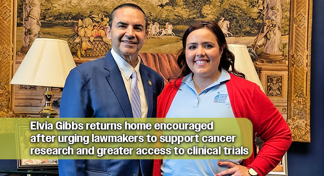 Elvia Gibbs, a McAllen breast cancer survivor and cancer research advocate, meets with U.S. Rep. Henry Cuellar in Washington, D.C., during her visit to advocate for cancer research funding and improved access to clinical trials. Courtesy photo