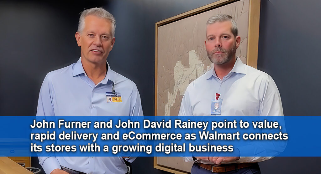 Walmart President and CEO John Furner, left, and CFO John David Rainey discuss the company’s second-quarter results in a video posted by Furner on LinkedIn. Screenshot from LinkedIn video.