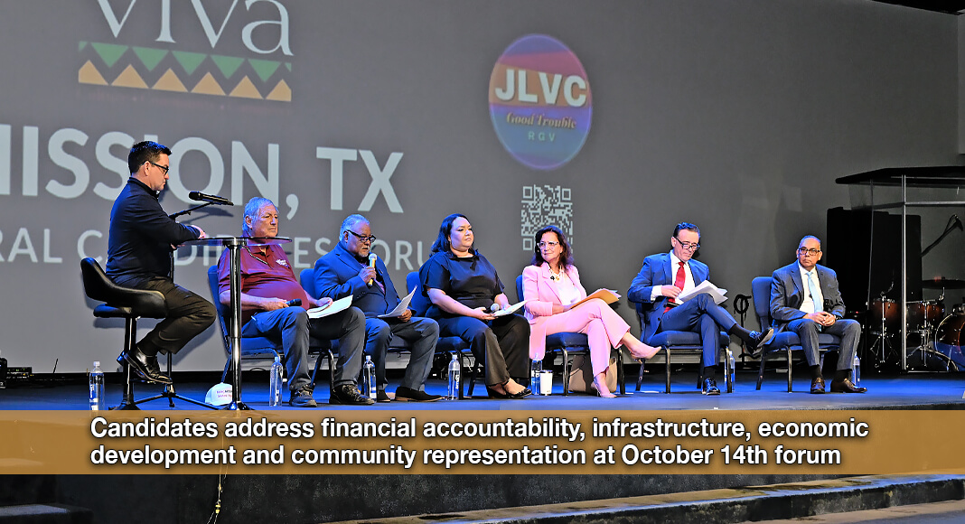 The six candidates for Mission mayor share the stage with moderator Jeff Patterson during the October 14, 2026, mayoral candidates forum at Freedom Life Church in Mission. Participating candidates were Dr. Armando O’Caña Sr., Juan Gines Crispín, Natalie “Nati” Garza, incumbent Mayor Norie Gonzalez Garza, Ricardo “Rick” Salinas, and Mayor Pro Tem Ruben Plata. The forum addressed city finances, infrastructure, economic development, government accountability, and community representation. Photo: Texas Border Business.