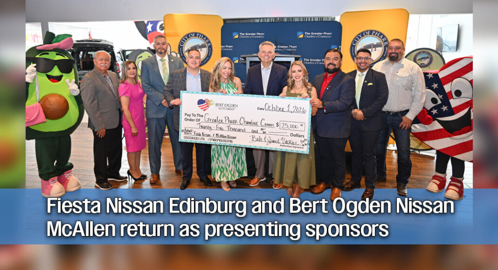 Pharr City Commissioner Ricardo Medina joins Robert C. “Bob” Vackar, chairman of the board and chief performance officer of Bert Ogden Auto Group; Natasha Del Barrio, CEO of Bert Ogden Auto Group; Pharr City Manager Dr. Jonathan Flores; Greater Pharr Chamber of Commerce President and CEO CJ Sanchez; and Nissan dealership managers during the $25,000 sponsorship check for the 2026 Avocado Festival. Photo by Noah Mangum González / Texas Border Business