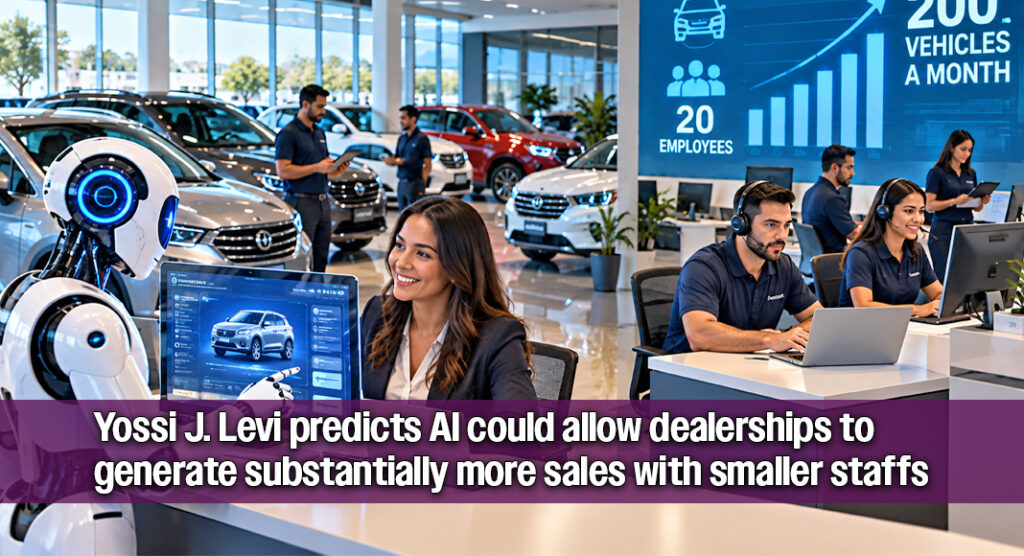 An AI-generated illustration depicts a highly automated automobile dealership where artificial intelligence and robotics work alongside a smaller human staff. The robot symbolizes Yossi J. Levi’s prediction that advances in AI and automation could allow a dealership with 20 employees to sell 200 vehicles a month by 2029. AI-generated illustration by Texas Border Business.