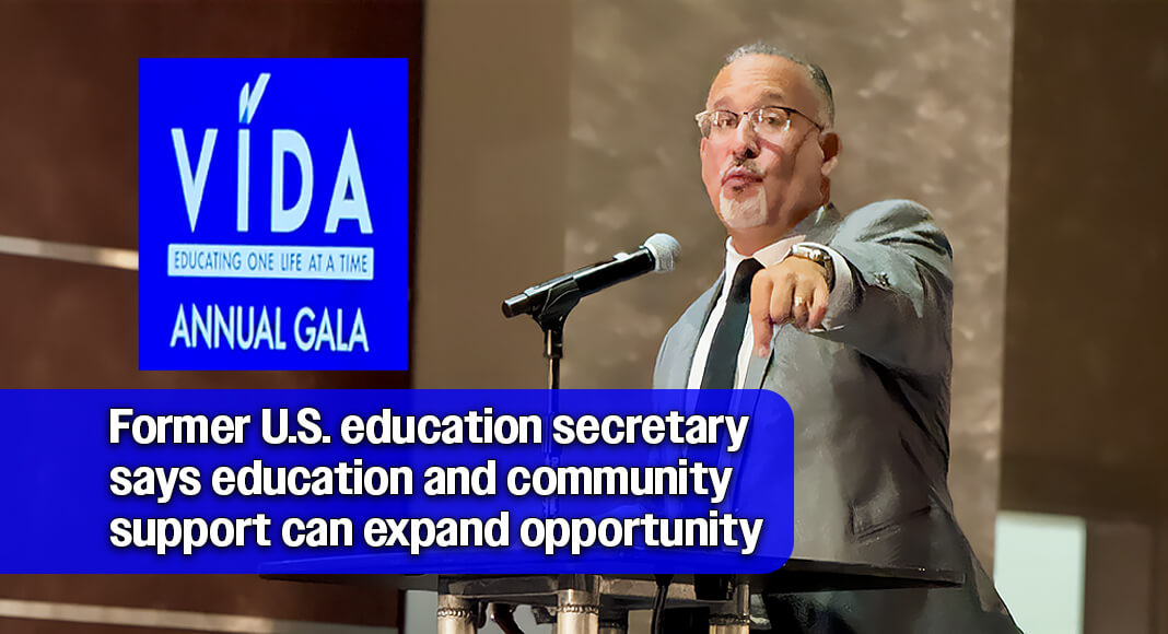 Dr. Miguel A. Cardona, 12th U.S. Secretary of Education, delivers the keynote address during VIDA’s 31st Anniversary Gala at the McAllen Convention Center. Photo by Texas Border Business.