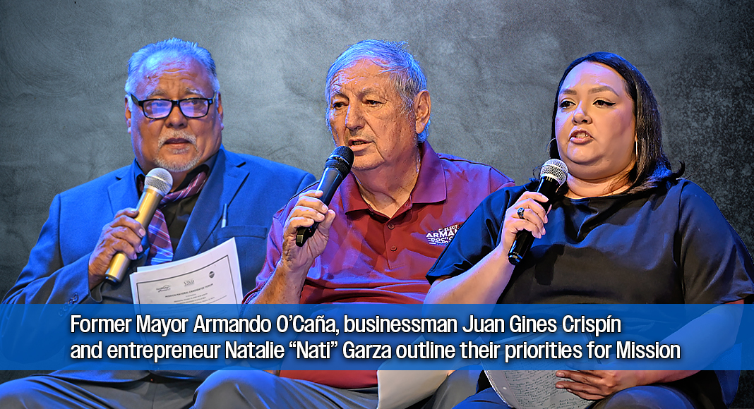 MISSION, Texas — Dr. Armando O’Caña Sr., former Mission mayor, educator, and public servant; Juan Gines Crispín, business owner and longtime Mission resident; and Natalie “Nati” Garza, entrepreneur and community advocate, present their proposals for Mission’s future during the October 14, 2026, mayoral candidates forum. The three candidates addressed infrastructure improvements, economic development, financial transparency, City Council representation, and community unity ahead of the November 3 election. Photo: Texas Border Business.