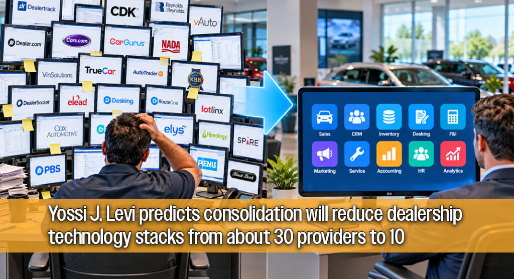 This illustration depicts the potential shift from a dealership using many separate software vendors to a more consolidated technology platform that manages sales, CRM, inventory, accounting, and other operations. The image represents Yossi J. Levi’s prediction that dealership technology stacks could shrink from about 30 providers to 10 by 2029. AI-generated illustration by Texas Border Business.