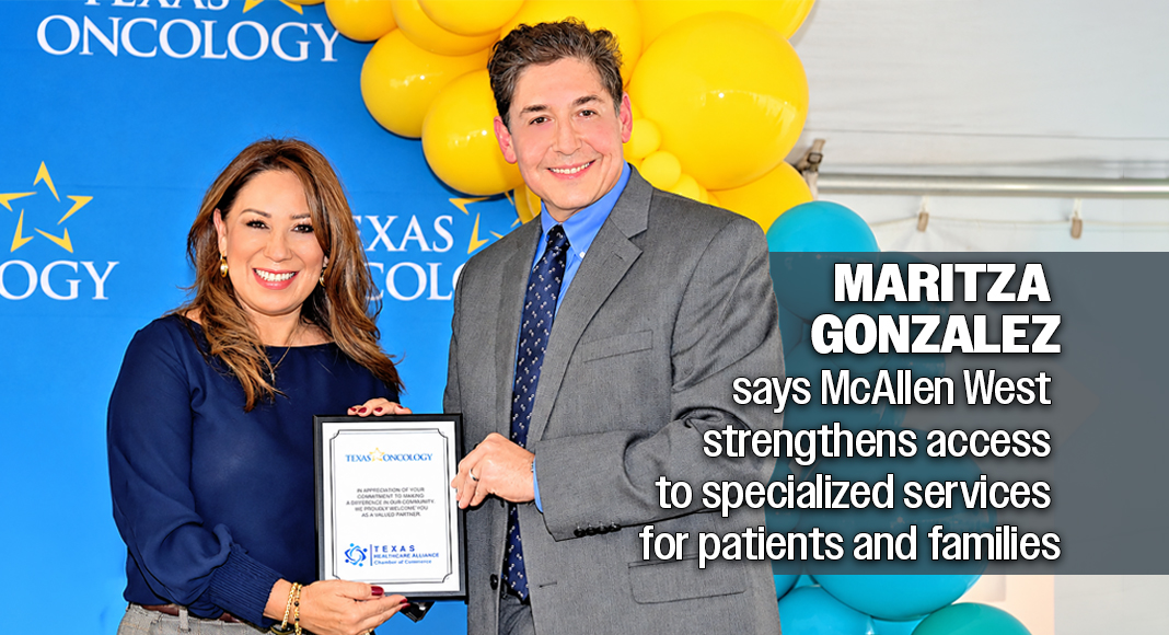 Maritza Gonzalez, founder and director of the Texas Healthcare Alliance Chamber of Commerce, presents a plaque to Dr. Guillermo Lazo, Area Medical Director for the Rio Grande Valley and a Texas Oncology physician specializing in medical oncology and hematology, during the grand opening of Texas Oncology McAllen West. Photo by Texas Border Business. Photo by Mega Doctor News (MDN) / Texas Border Business (TBB)