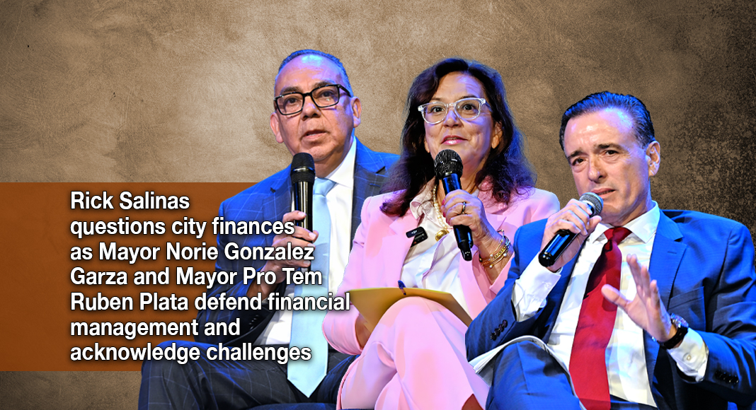 MISSION, Texas — Mission Mayor Pro Tem Ruben Plata, a banking professional; incumbent Mayor Norie Gonzalez Garza; and mayoral challenger Ricardo “Rick” Salinas, an attorney and business owner, deliver their remarks during the October 14, 2026, mayoral candidates forum. The three candidates presented differing assessments of Mission’s financial condition, addressing municipal spending, operating reserves, budget transparency, and financial accountability ahead of the November 3 election. Photo: Texas Border Business.
