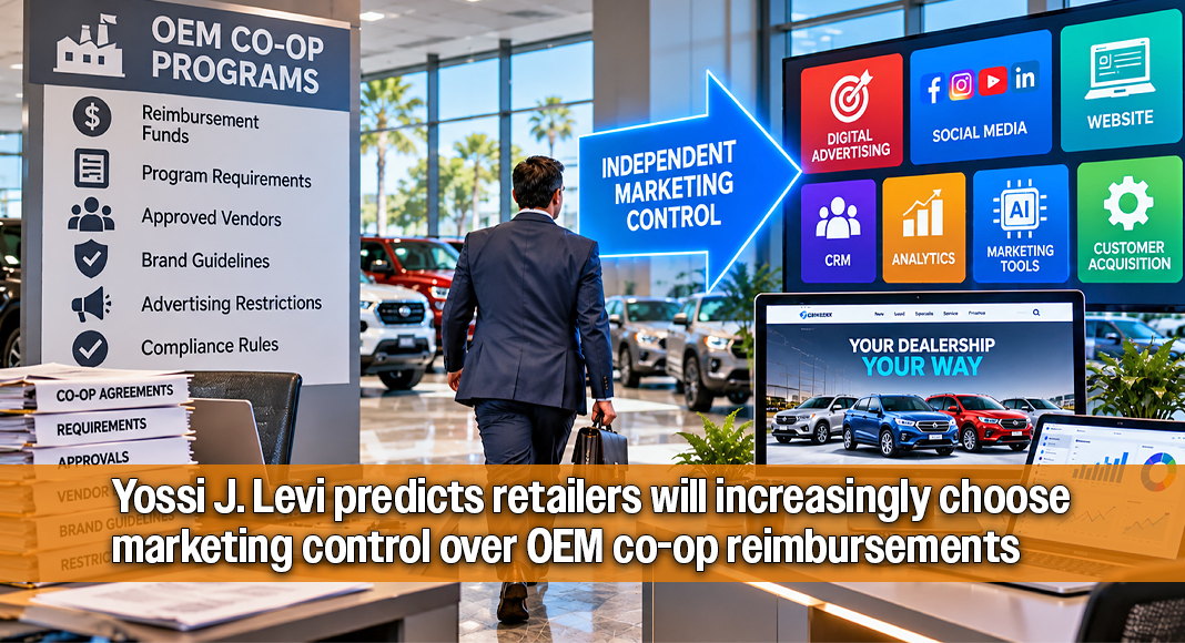A dealer moving away from OEM co-op advertising requirements toward independent control of marketing, technology, and customer acquisition. AI-generated illustration by Texas Border Business.