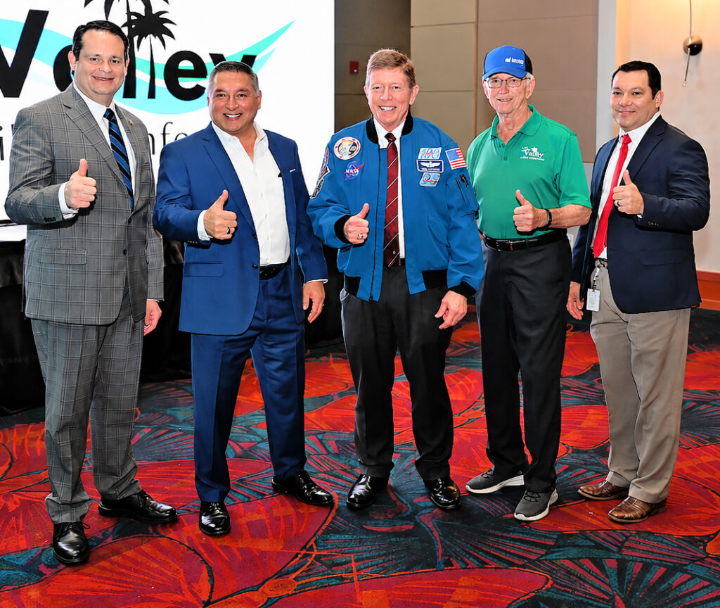 At center, former NASA astronaut Col. Michael E. Fossum joins McAllen City Manager Ike Tawil, Mayor Javier Villalobos, Ernest R. Williams, Vice Chairman, and McAllen Public Utility General Manager Marco A. Vega, P.E., during the third annual Rio Grande Valley Utility Conference at the McAllen Convention Center on October 28, 2026. Photo by Noah Mangum González / Texas Border Business.