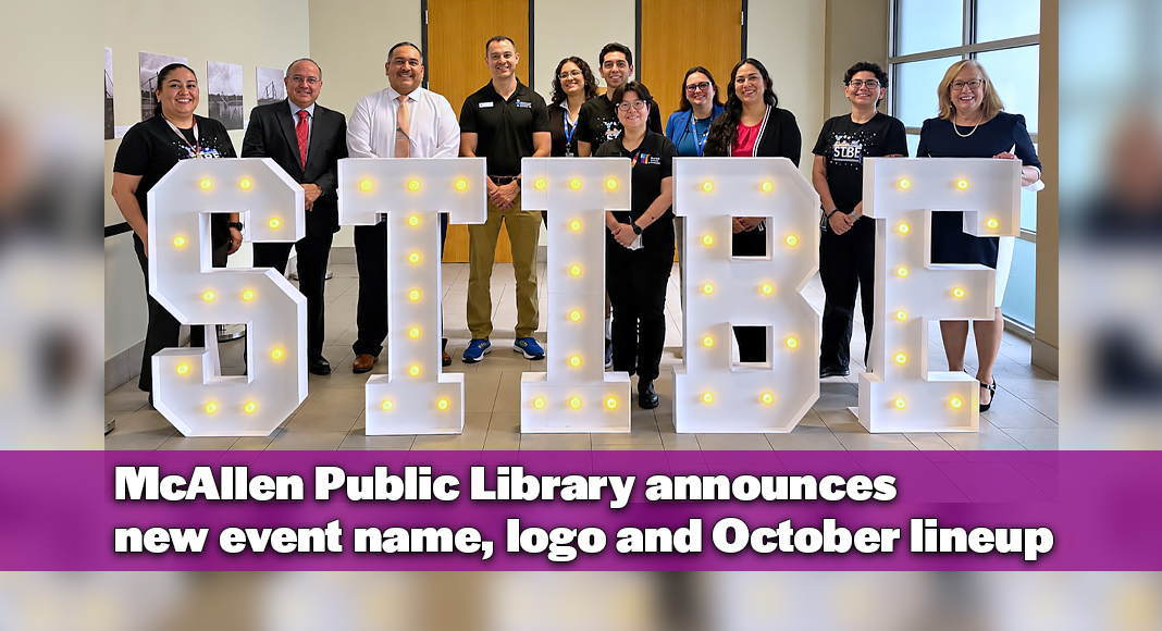 Large illuminated letters display the abbreviation for the South Texas International Book Festival as book-reading supporters and McAllen Public Library members gather behind the display during the festival announcement in McAllen. Photo by Gloria Mangum.