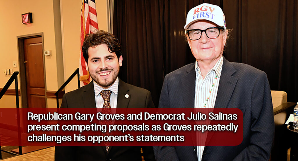McALLEN, Texas — Republican Gary Groves and Democrat Julio Salinas, candidates for Texas House District 41, stand together following a candidates forum hosted by the McAllen Citizens League. Both candidates presented their positions on property taxes, education, healthcare, infrastructure, economic development, and other issues affecting Rio Grande Valley residents ahead of the November 3, 2026, general election. Photo: Texas Border Business.