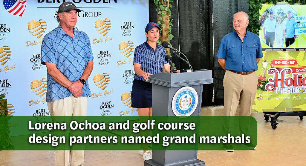 World Golf Hall of Famer Lorena Ochoa speaks at the podium after being named grand marshal of the 2026 McAllen Holiday Parade, alongside fellow grand marshals Rafael Alarcón and Carter Morris of the Alarcón Morris Ochoa Golf Design Group. The announcement was made during an October 15, 2026, press conference hosted by Bert Ogden Auto Group in McAllen, Texas. The parade is scheduled for December 5. Photo by Noah Mangum González / Texas Border Business.