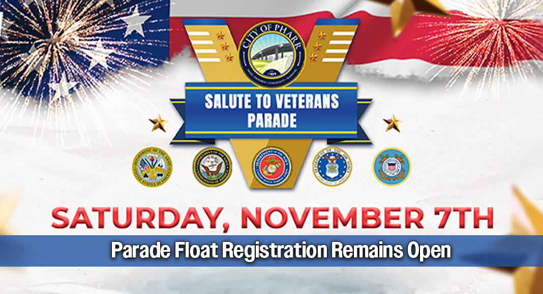 The City of Pharr continues to accept applications from community members, businesses, organizations, and groups interested in participating in the annual Salute to Veterans Parade on Saturday, November 7, 2026, in Downtown Pharr. Applications must be submitted by Tuesday, November 3. Courtesy image