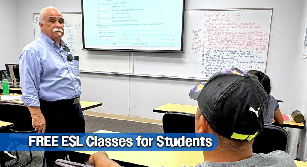 South Texas College is offering free English as a Second Language (ESL) classes to eligible residents of Hidalgo and Starr counties, made possible through an Adult Education and Literacy (AEL) grant. ESL instructor Roberto Martinez Jr. (above) guides ESL students recently at STC’s Pecan Plaza campus. STC Image
